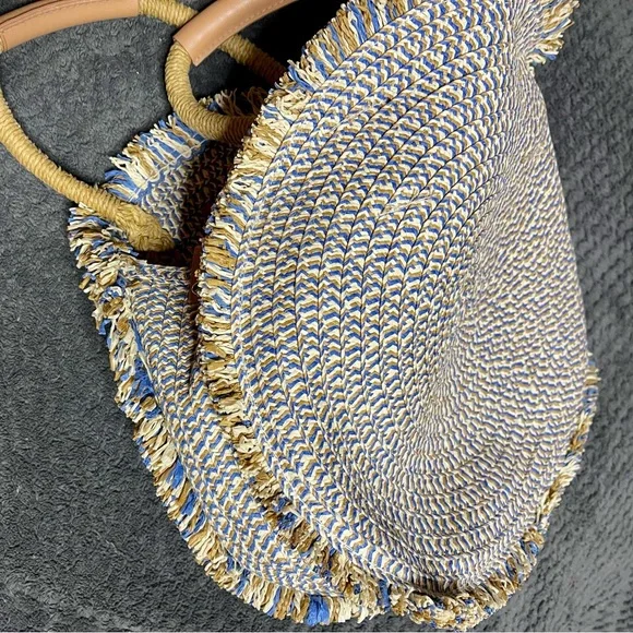 Zara Natural and Blue Straw Tote with Braided Handles - Picture 2 of 3